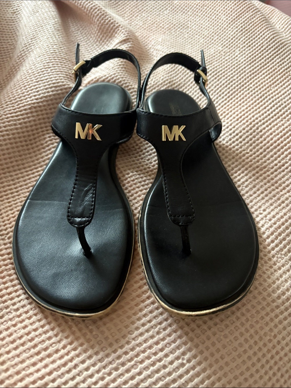 Michael Kors Black leather Sandals with Gold MK Emblems
